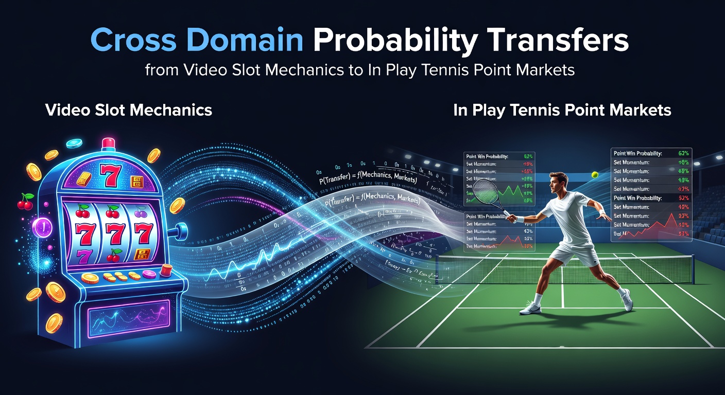 Visual representation of video slot reels transitioning into tennis court dynamics with probability overlays