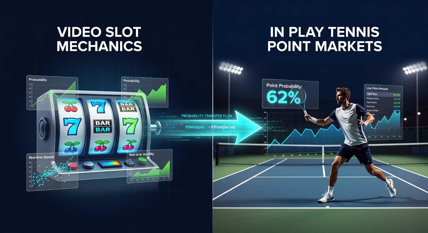 Tennis player preparing to serve with overlaid probability graphs and slot-style reel symbols