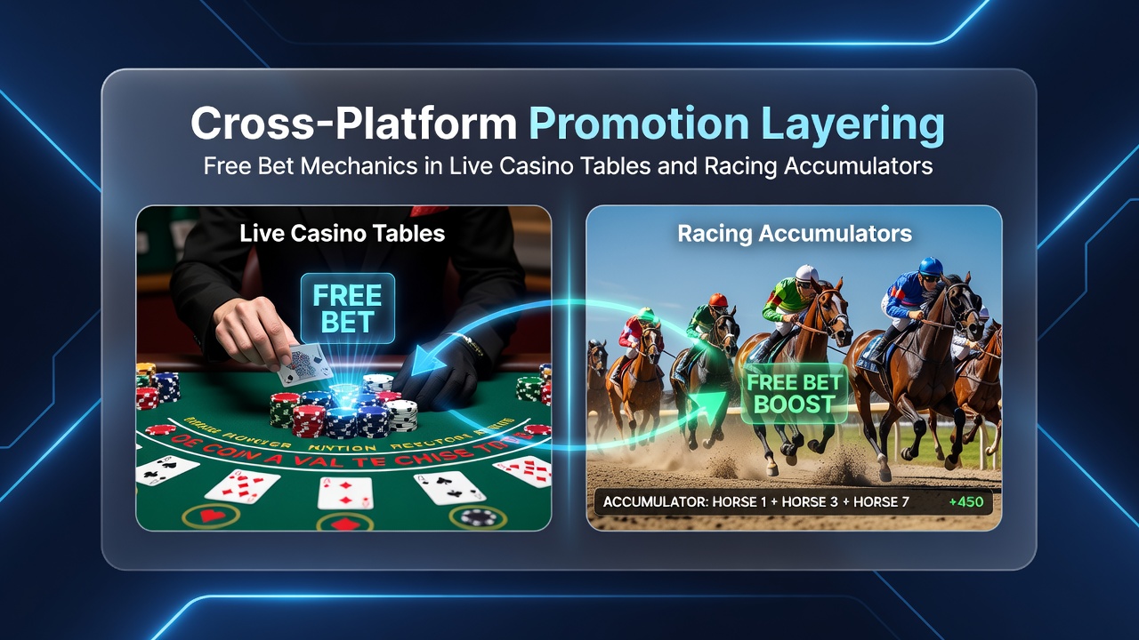 Diagram showing layered free bet mechanics between casino tables and racing accumulators