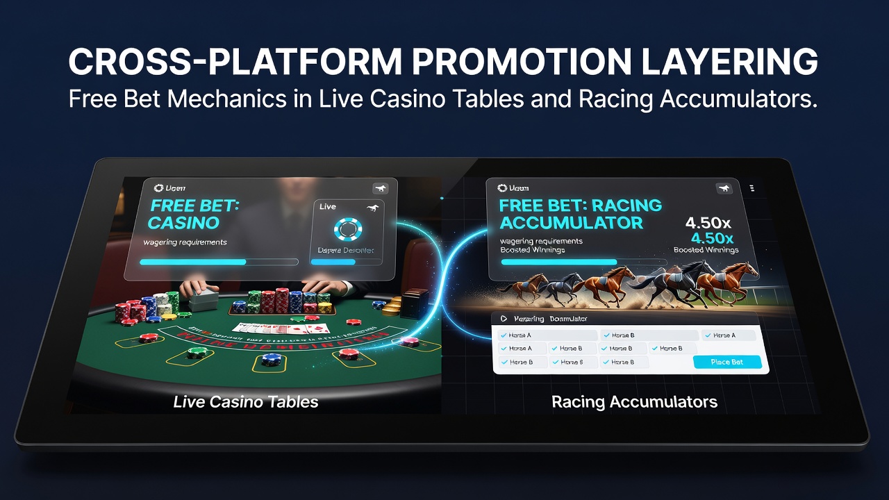 Example interface of free bet layering from casino to racing accumulator
