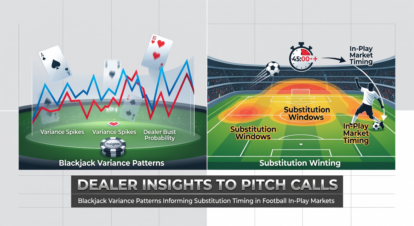 Blackjack table with cards and chips alongside a football pitch diagram showing substitution timing patterns