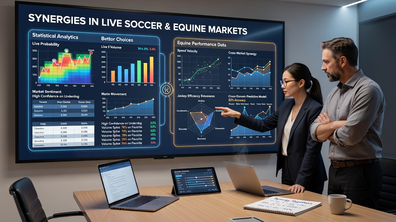 Statistical dashboards displaying live soccer metrics alongside equine performance charts used in betting analysis