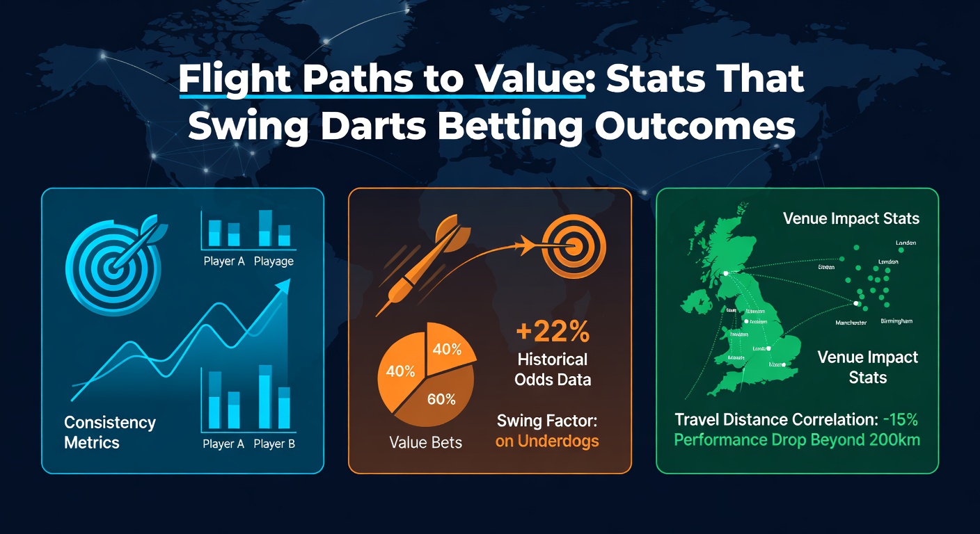 Professional darts player mid-throw, board bullseye highlighted with overlaid stats on averages and checkouts