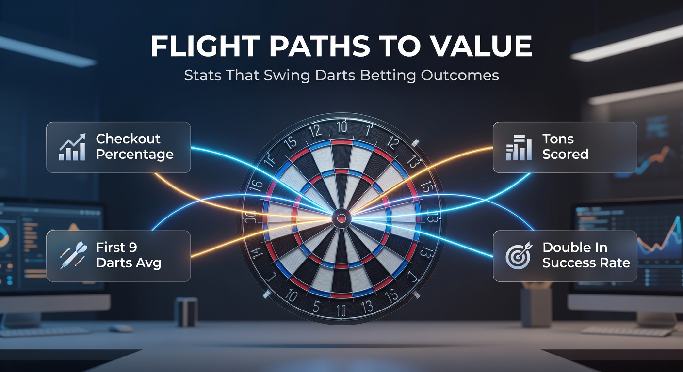 Close-up of darts board with trajectory lines showing flight paths to treble 20 and double 16, stats panel on checkout success rates