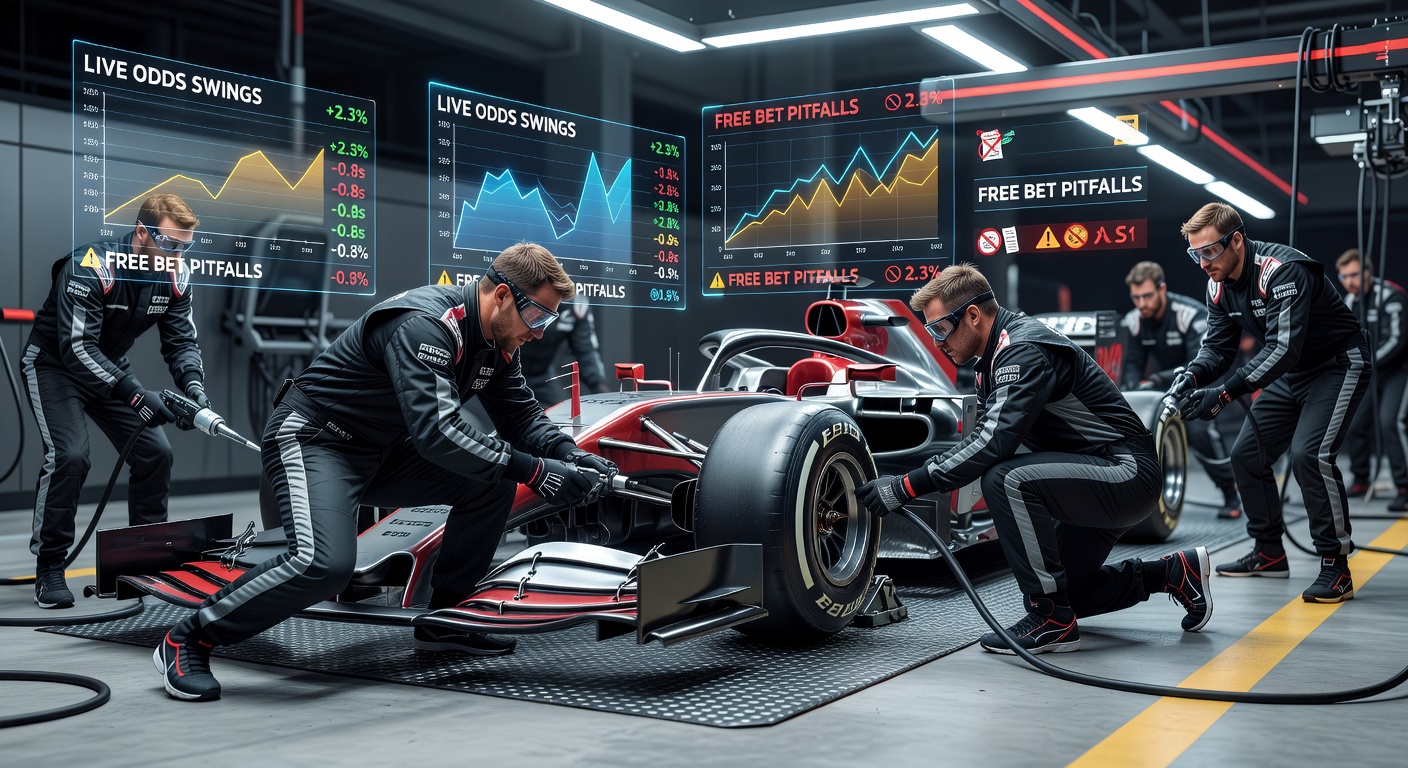 Close-up of F1 pit crew in action, changing wheels amid flashing lights and tension