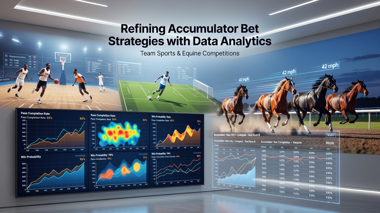 Data visualization dashboard displaying accumulator bet predictions for football matches and horse races with statistical overlays