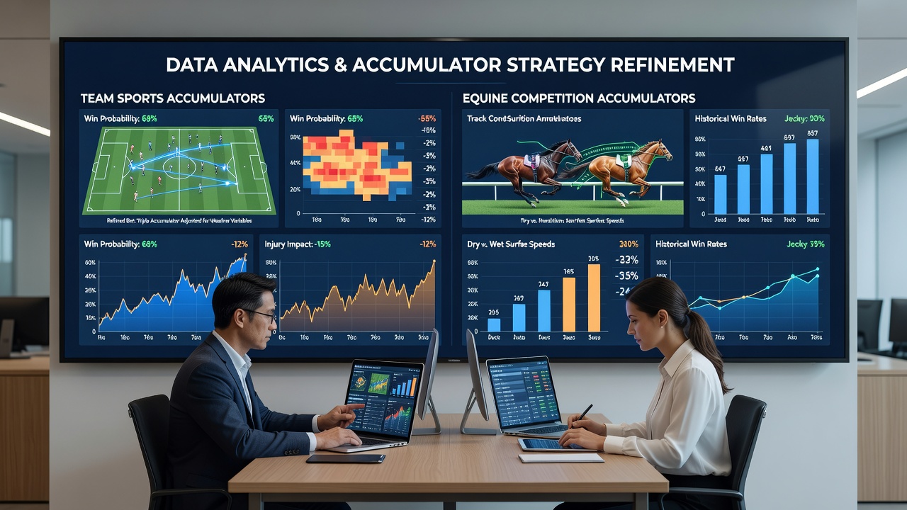 Analytics team reviewing horse racing and soccer accumulator models on multiple screens with probability heatmaps