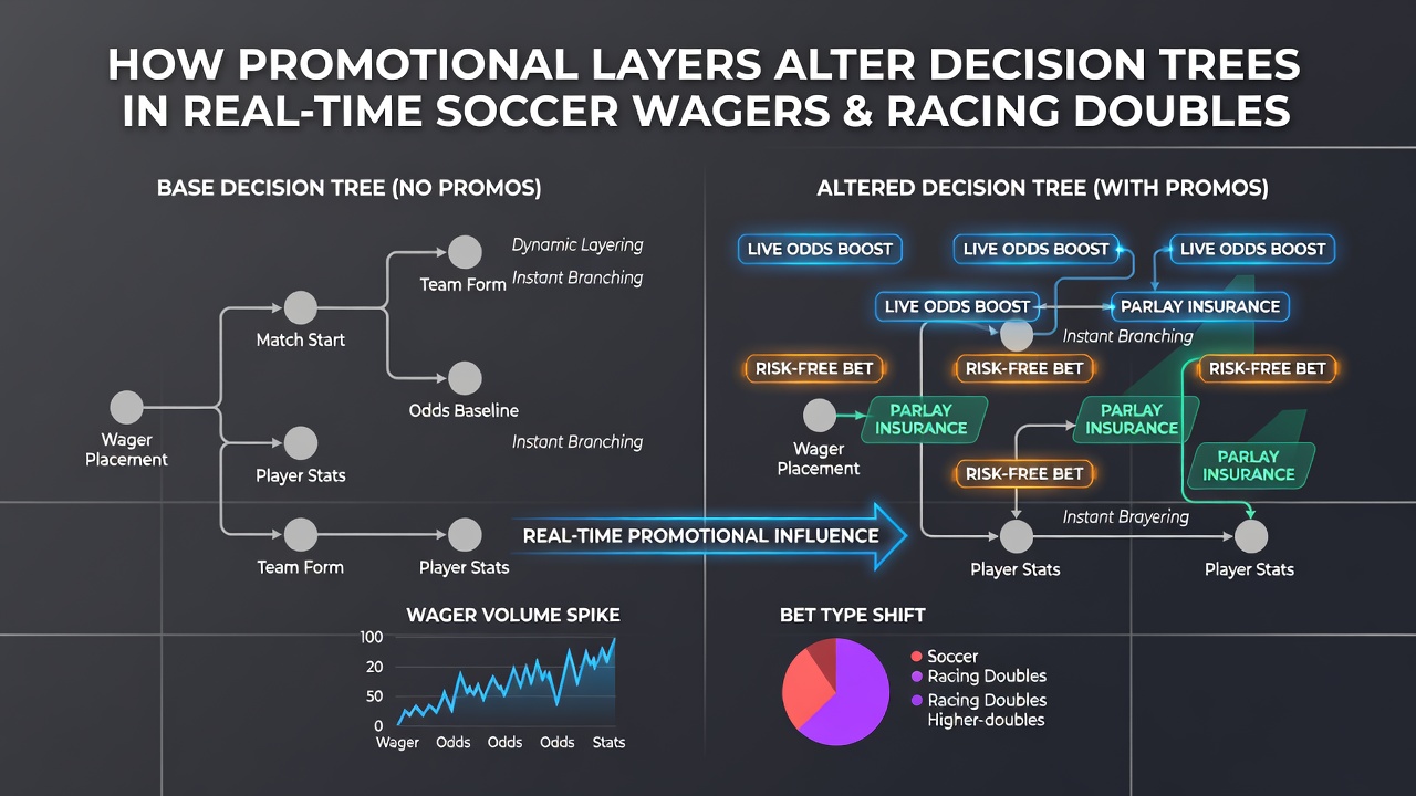 Chart illustrating adjusted decision branches in soccer and racing betting when multiple promotional layers are active