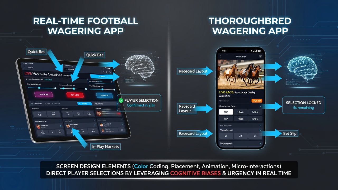 Thoroughbred racing app interface displaying live odds, runner information, and quick stake selectors