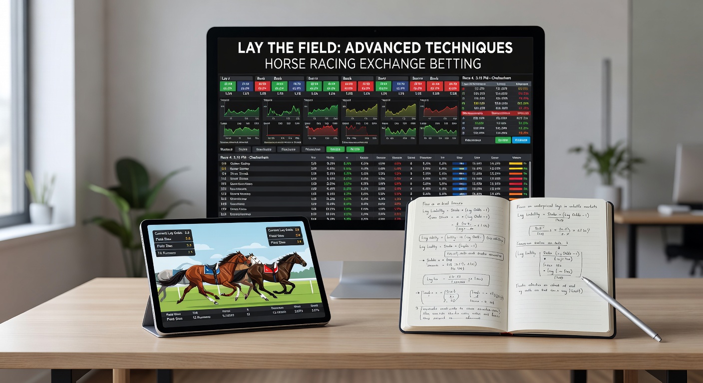 Close-up of a horse racing exchange chart with lay the field positions greened up post-race, showing profit ticks across multiple runners