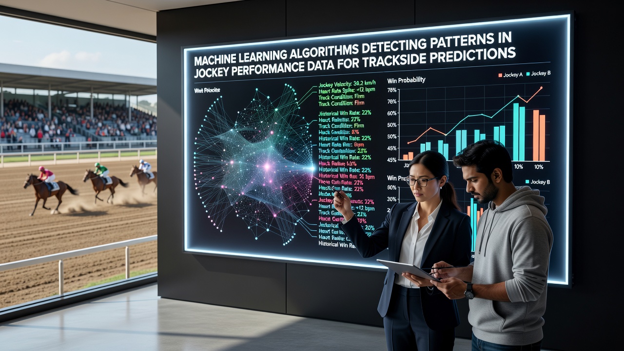 Jockey on racehorse with overlaid machine learning prediction visualizations and data points