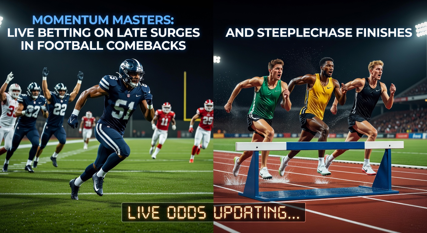 A tense football match showing a late comeback surge with players celebrating a goal in added time, while in the background a steeplechase horse leaps hurdles toward the finish line under dramatic lighting