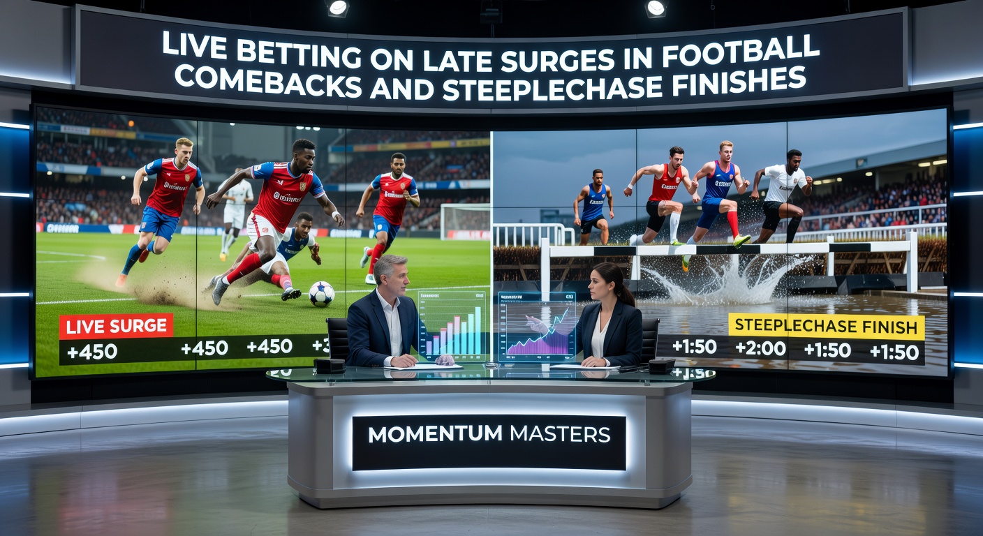 Dynamic steeplechase scene capturing a pack of horses surging toward the final hurdles, with the leader pulling away in a spray of turf and determination evident in the jockey's posture