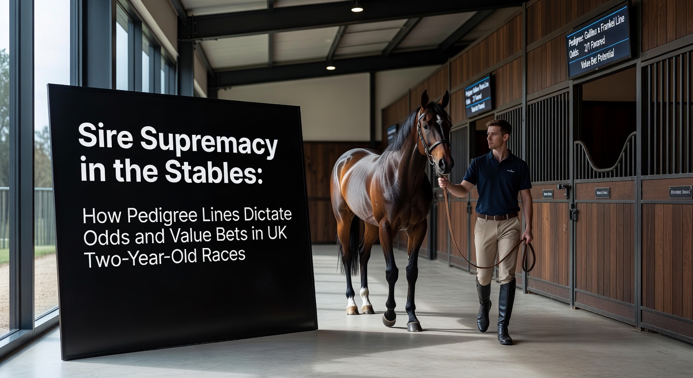 A majestic thoroughbred stallion standing in a lush stable yard, symbolizing the power of elite sires in shaping racing progeny