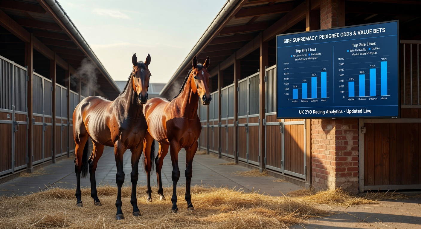Close-up of a pedigree chart highlighting successful sire lines with win percentages and odds comparisons in recent UK juvenile races