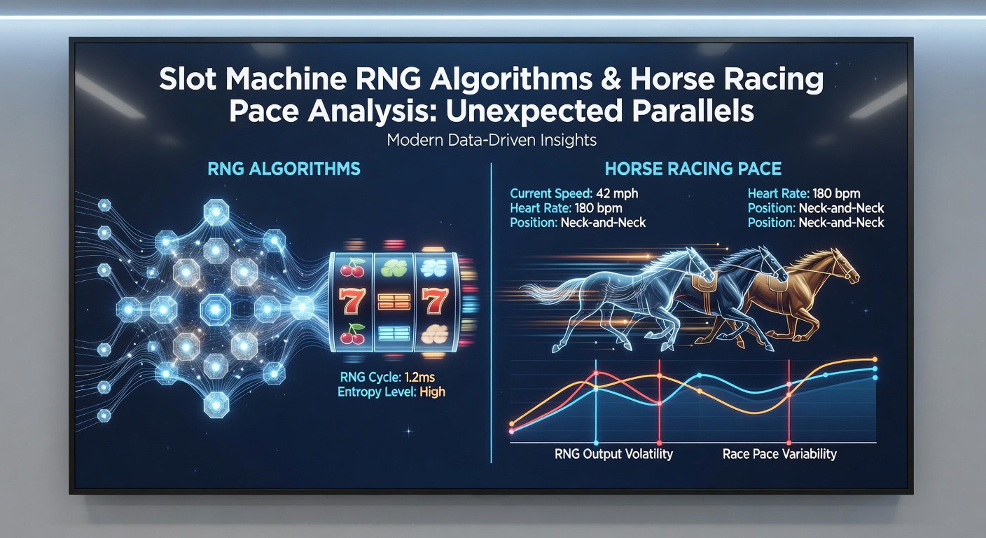 Split image showing horse racing sectional timing graphics next to algorithmic flow charts representing random number sequences