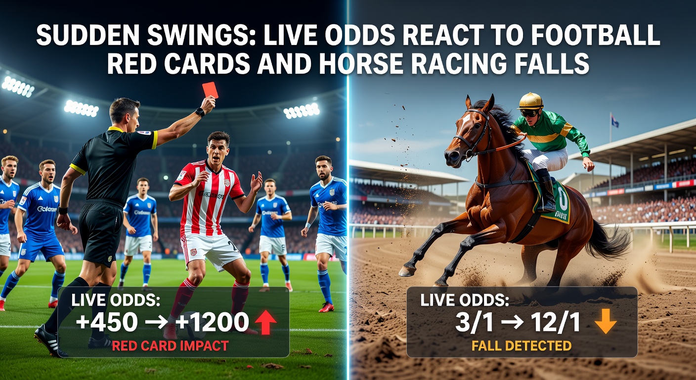 Digital display showing live betting odds shifting dramatically after a football red card incident
