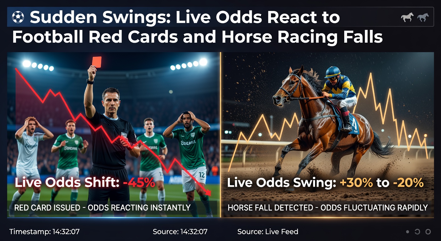 Dramatic horse racing fall during a steeplechase, with remaining competitors surging ahead amid changing odds boards