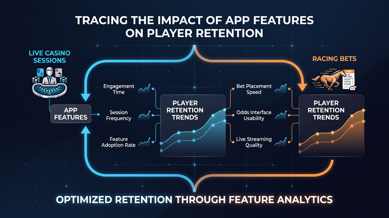Analytics dashboard displaying player retention graphs for live casino sessions and racing bet activity over several months