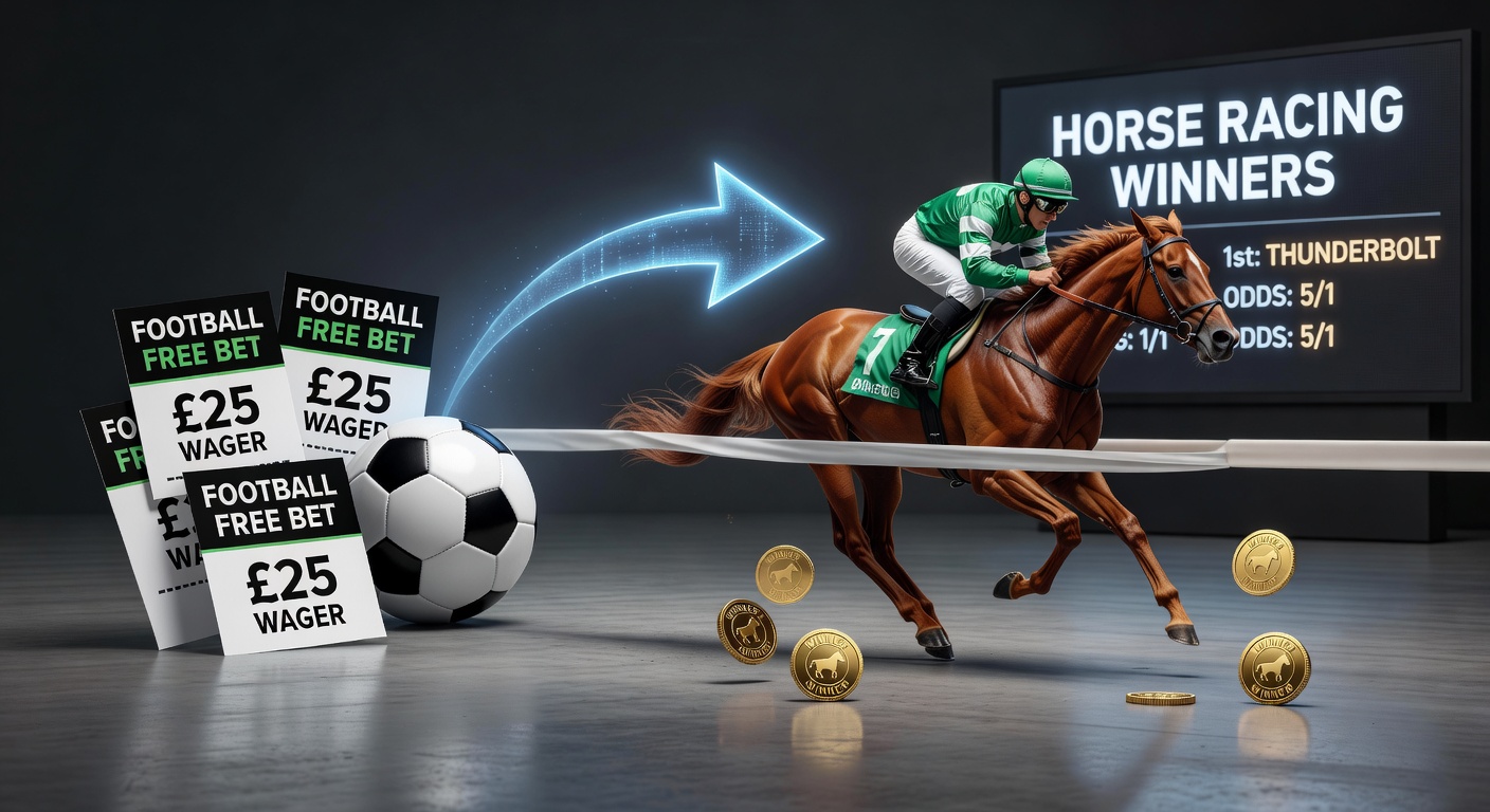 A dynamic split-image showing a soccer player taking a free kick on one side and a horse charging toward the finish line on the other, symbolizing the shift from football promotions to racing triumphs