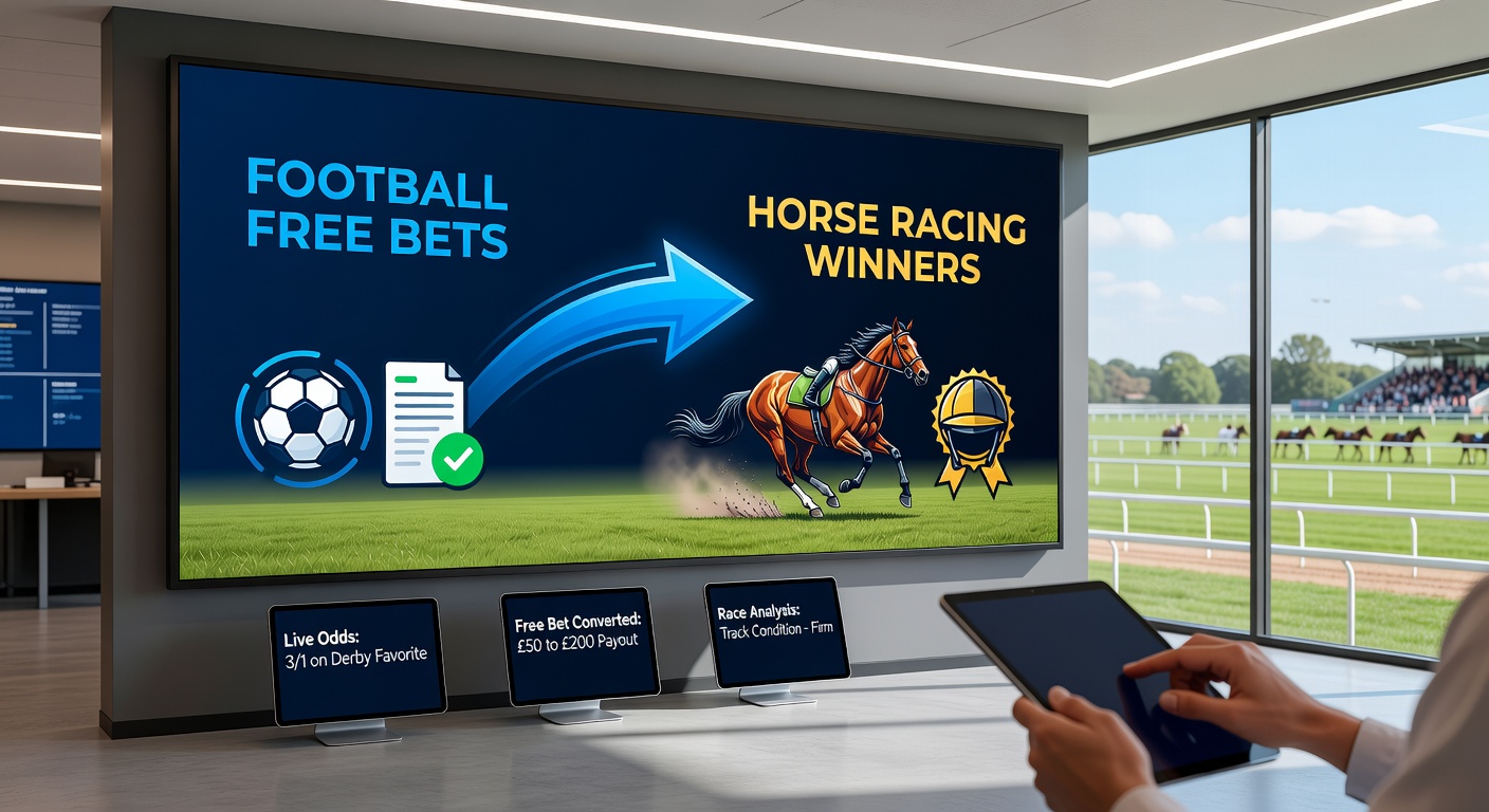 Close-up of a bookmaker's app screen displaying a football free bet offer alongside live horse racing odds, with a winning ticket slip overlay highlighting the conversion success