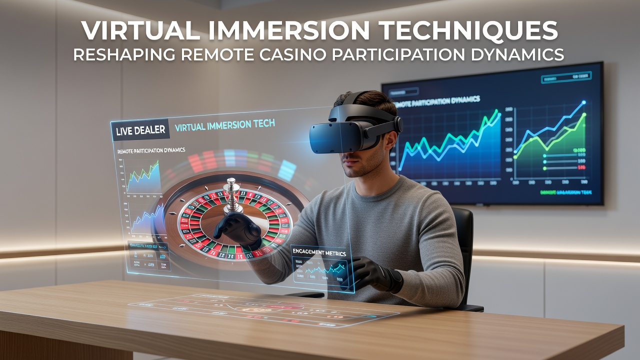 Virtual reality headset user engaging with an immersive remote casino interface showing 3D gaming tables and avatars