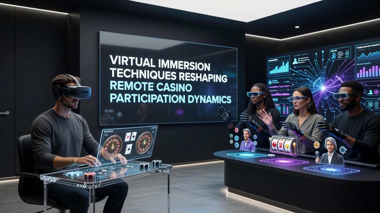 Group of remote players using VR equipment in a shared virtual casino lounge with interactive elements and avatars