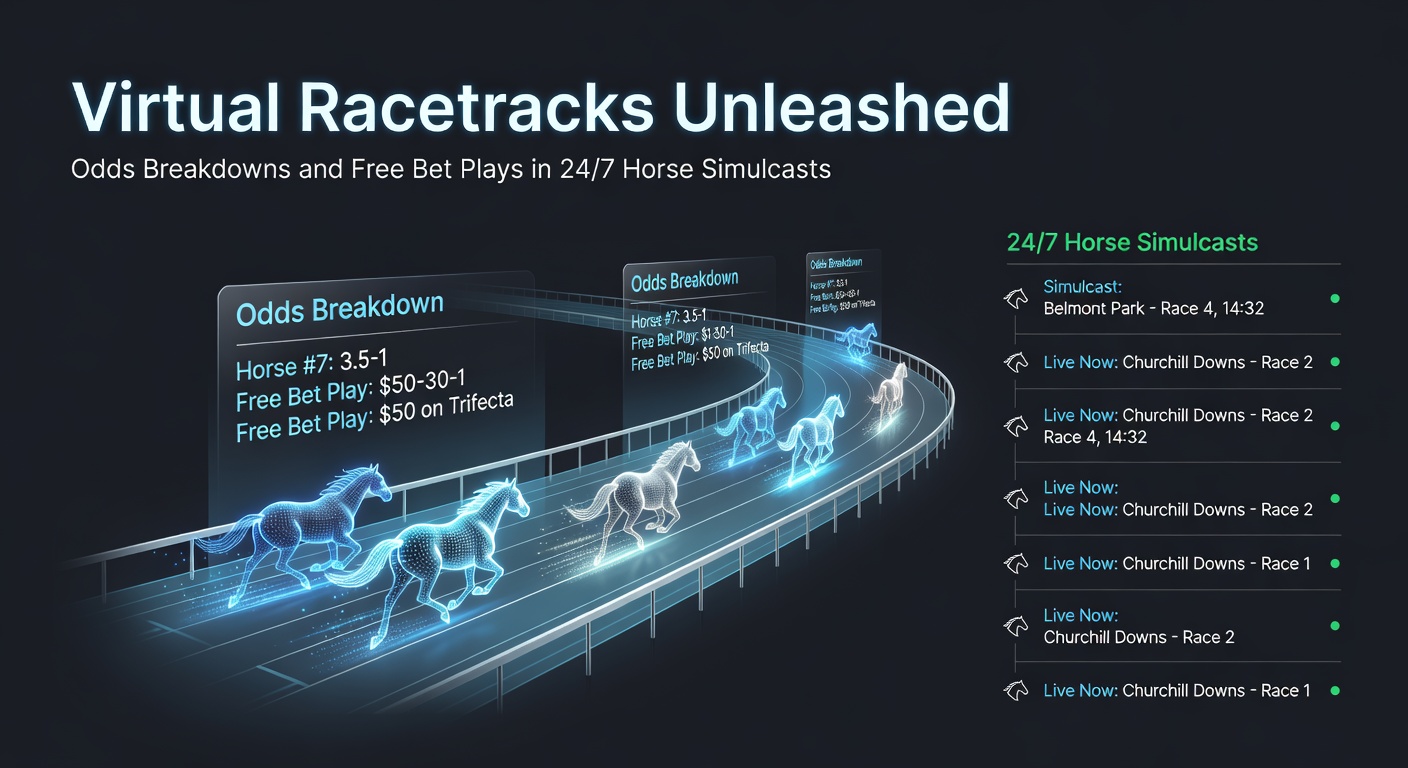 Dynamic digital horse race on a virtual track with overlaid odds displays and betting interfaces glowing in real-time action