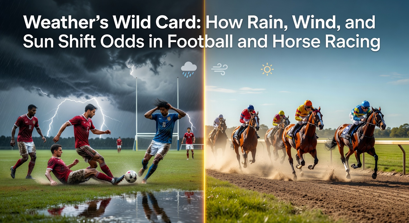 A football pitch soaked in heavy rain during a Premier League match, with players slipping on the wet surface under gray skies